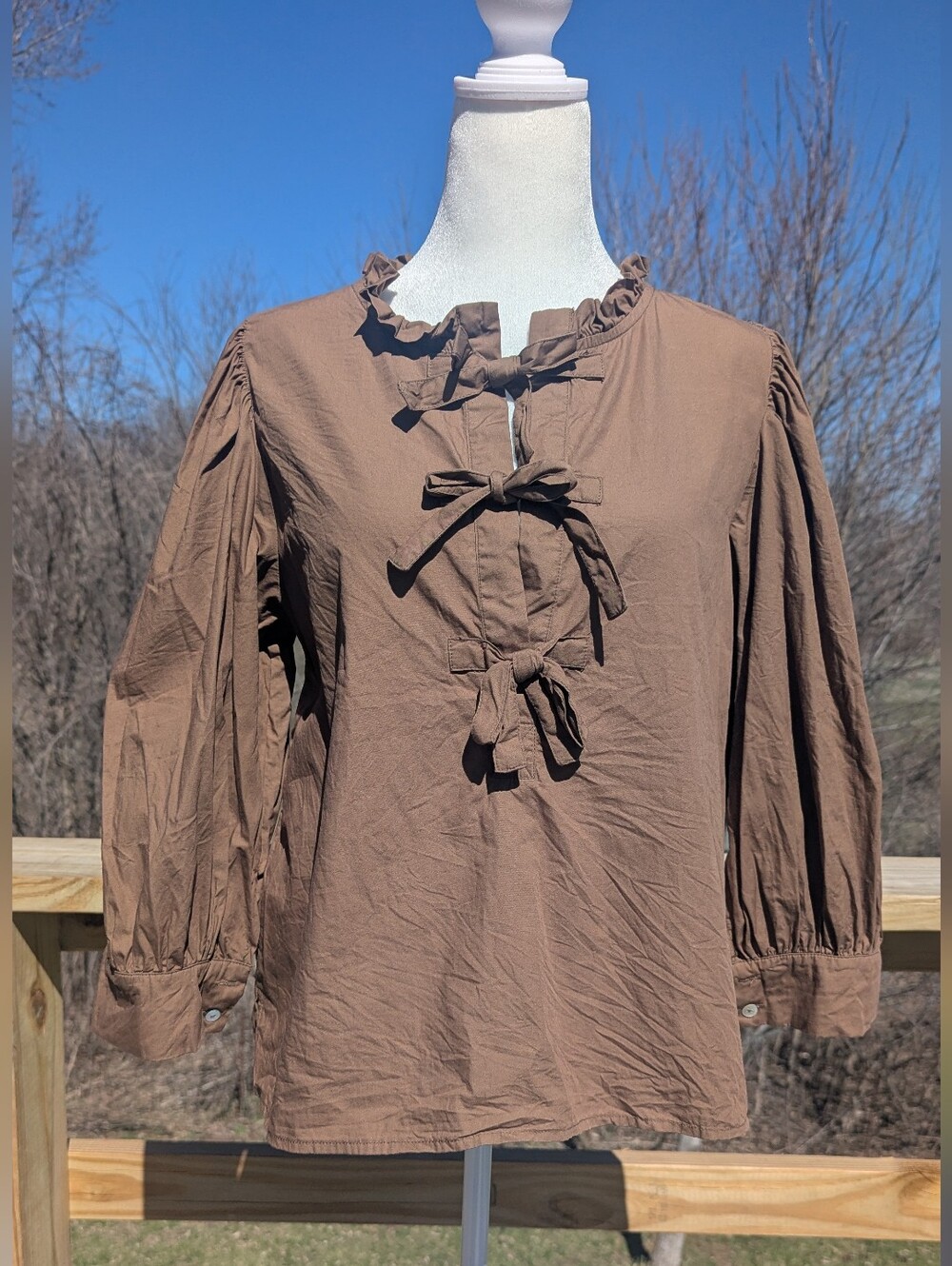 Jodiful Cotton Tie Ruffle Blouse Earthy Brown Size Large